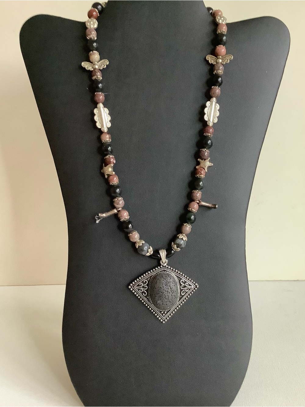 Handcrafted Black & Brown Beaded Necklace with Silver-Tone Pendant